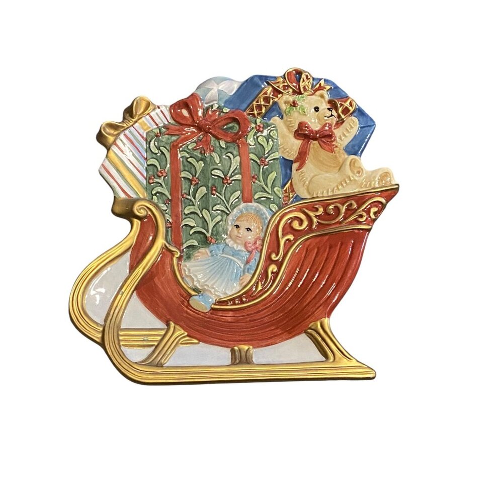 Fitz And Floyd Essentials Teddys Christmas Sleigh Plate 10" Hand-Painted Ceramic